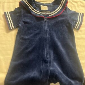 Navy Sailor Romper with Red and White Trim
